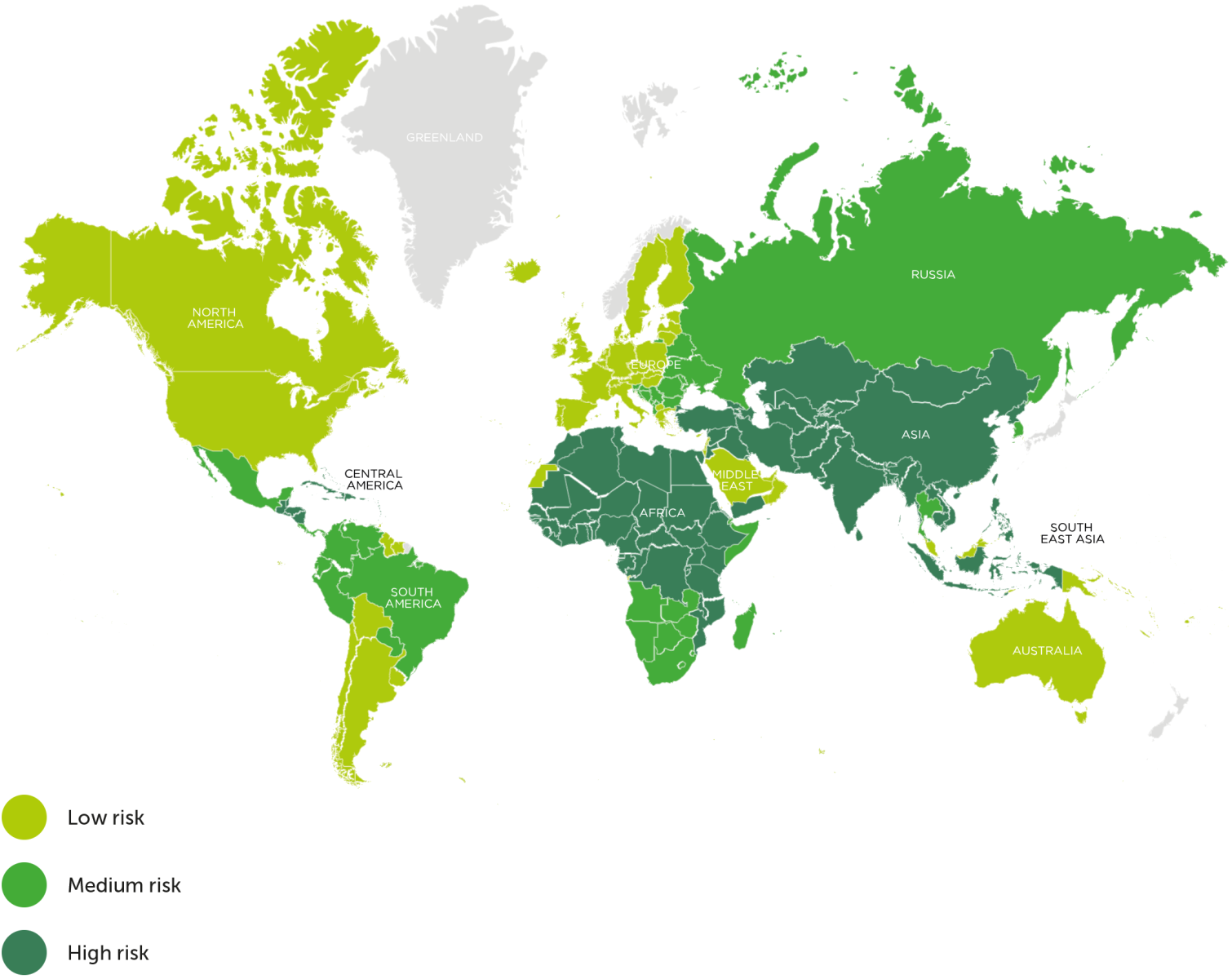 Distribution of risk levels for humans contacting rabies, worldwide. 2013