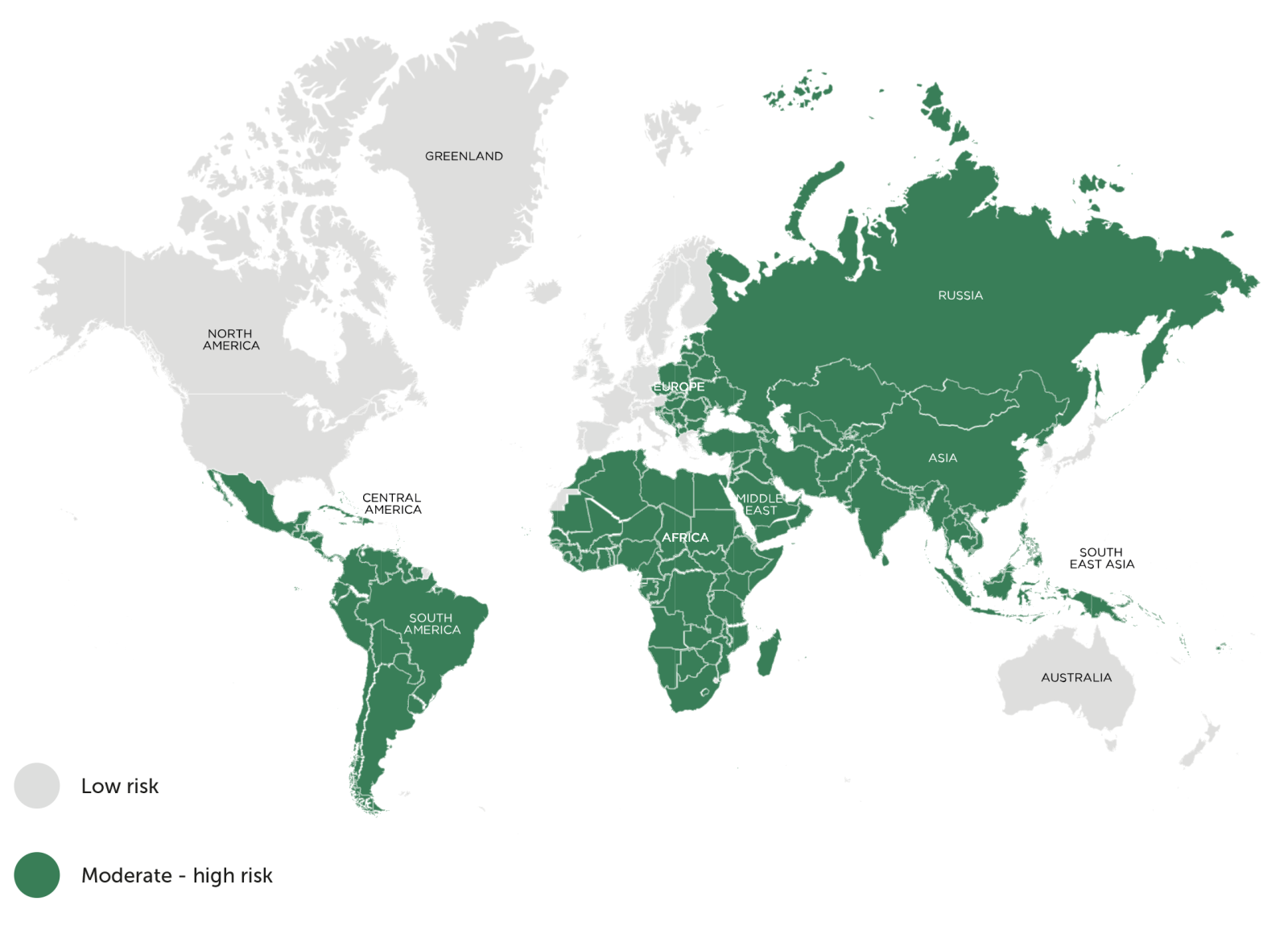 Map of the World displaying countries or areas at risk from Hepatitis A, 2012.